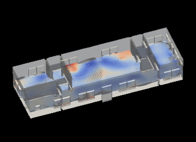 Cad diagramm zur darstellung der lüftungsanalyse in einer gebäudeumgebung