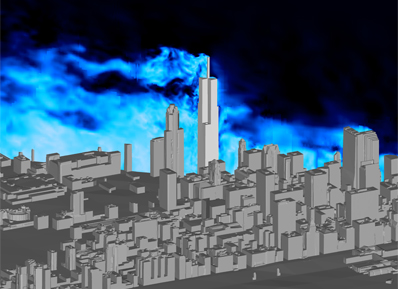 Cad diagramm der urbanen strömungsmechanik in einer städtischen gebäudeumgebung